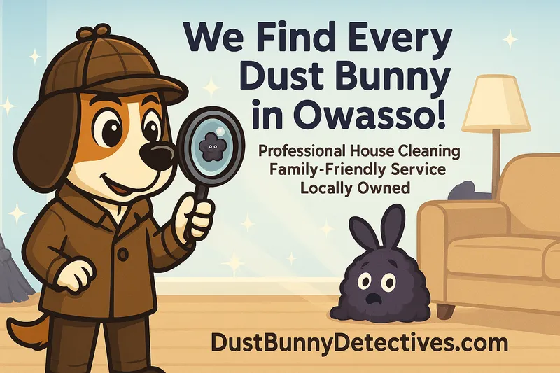 Dust Bunny Detectives mascot - detective dog hunting a dust bunny in a clean home