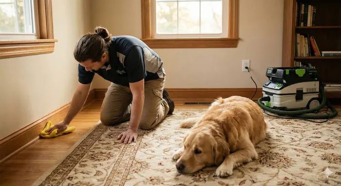 Professional house cleaner working with friendly Golden Retriever - pet-safe cleaning